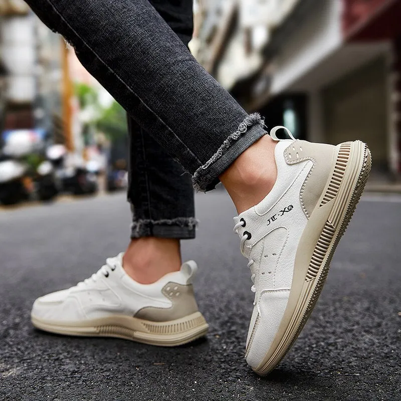 xiangtuibao Leather Men Casual Shoes Luxury Brand Mens Fashion Sneakers Korean Thick-Soled Men's Shoes White Sneakers