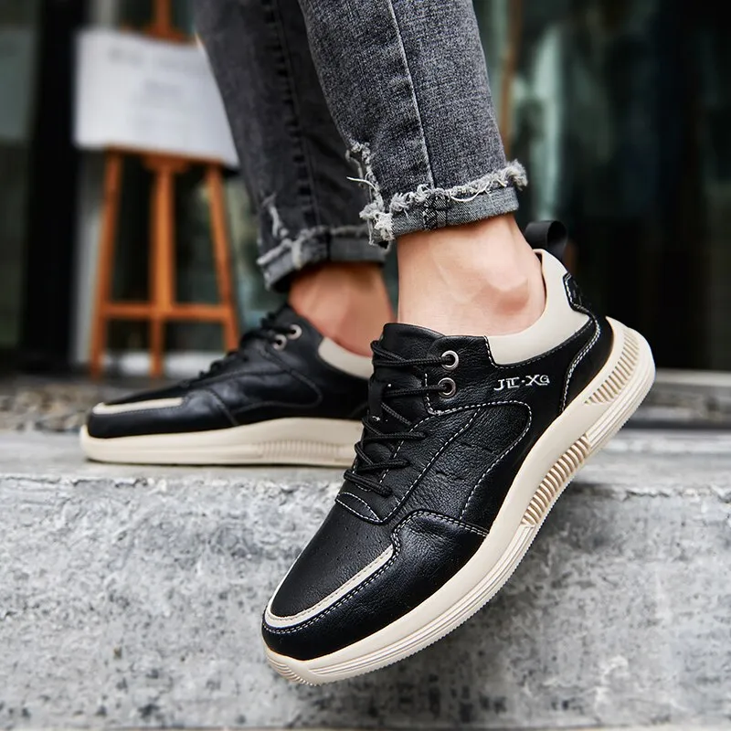 xiangtuibao Leather Men Casual Shoes Luxury Brand Mens Fashion Sneakers Korean Thick-Soled Men's Shoes White Sneakers